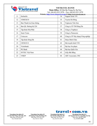 VIETRAVEL HANOI
Main Office: 03 Hai Ba Trung St, Ha Noi
Tel: (84.43) 933 1978 – Fax: (84.43) 933 1979
Website: http://www.vietravel-vn.com & http://www.travel.com.vn
11 Herbalife 34 Nippon Seiki VN
12 VIMEXCO 35 Toyota Hà Đông
13 Ban Thanh tra Giao thông 36 Viglacera Tiên Sơn
14 Ban QL Đường bộ 224 37 Công ty CP TM Hàng Da
15 Tập đoàn Hòa Phát 38 Công ty Traphaco
16 Sumi Tomo 39 Công ty Panasonic
17 Coteccon 40 Công ty CP Xây dựng Công nghiệp
18 Tập đoàn Sông Đà 41 Dược Bình Châu
19 CIENCO 8 42 Đài truyền hình VTC
20 Vietinbank 43 Đại học Sư phạm
21 PG Bank 44 Đại học Quốc Gia
22 SYTEC Việt Nam 45 Giấy Bãi Bằng
23 VMEP 46 ABT Associates. INC
Văn phòng Giao dịch số 1
18 Trần Thái Tông, Cầu Giấy, HN
Điện thoại: 04.6269 2858
Fax: 04.6269 2852
Văn phòng Giao dịch số 2
299 Quang Trung, Hà Đông, HN
Điện thoại: 04.3398 5555
Fax: 04.3311 9520
Văn phòng Giao dịch số 3
262 Xã Đàn, Đống Đa, HN
Điện thoại: 04.3765 3333
Fax: 04.3572 1003
Văn phòng Giao dịch số 4
445 Nguyễn Văn Cừ, Long Biên, Hà Nội
Điện thoại: 04 3873 5555
Fax: 04 3873 2089
10
 