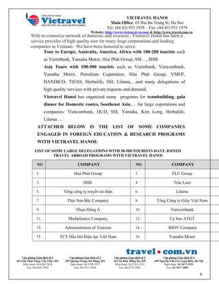 VIETRAVEL HANOI
Main Office: 03 Hai Ba Trung St, Ha Noi
Tel: (84.43) 933 1978 – Fax: (84.43) 933 1979
Website: http://www.vietravel-vn.com & http://www.travel.com.vn
With its extensive network of domestic and overseas , Vietravel Hanoi has been a
service provider of high quality tour for many large corporations and leading
companies in Vietnam . We have been honored to serve:
Tour to Europe, Australia, America, Africa with 100-200 tourists such
as Vietinbank, Yamaha Motor, Hòa Phát Group, SSI…, SHB.
Asia Tours with 100-500 tourists such as Vietinbank, Vietcombank,
Yamaha Motor, Petrolium Coporation, Hòa Phát Group, VMEP,
HANDICO, TIENS, Herbalife, SSI, Lilama,…and many delegations of
high quality services with private requests and demand.
Vietravel Hanoi has organized many programs for teambuilding, gala
dinner for Domestic routes, Southeast Asia,… for large coporations and
companies: Vietcombank, HUD, SSI, Yamaha, Kim Long, Herbalife,
Lilama …
ATTACHED BELOW IS THE LIST OF SOME COMPANIES
ENGAGED IN FOREIGN EDUCATION & RESEARCH PROGRAMS
WITH VIETRAVEL HANOI:
LIST OF SOME LARGE DELEGATIONS WITH 50-500 TOURISTS HAVE JOINED
TRAVEL ABROAD PROGRAMS WITH VIETRAVEL HANOI
NO COMPANY NO COMPANY
1. Hoà Phát Group 2. FLC Group
3. SHB 4. Trúc Lam
5. Tồng công ty truyền tải điện 6. Lilama
7. Thái Sơn Bắc Company 8. Tổng Công ty Giấy Việt Nam
9. Nhựa Đông Á 10. Vietcombank
11. Mediplantex Company 12. Uỷ ban ATGT
13. Administration of Tourism 14. BIDV Company
15. TCT Dầu khí Điện lực Việt Nam 16. Yamaha Motor
Văn phòng Giao dịch số 1
18 Trần Thái Tông, Cầu Giấy, HN
Điện thoại: 04.6269 2858
Fax: 04.6269 2852
Văn phòng Giao dịch số 2
299 Quang Trung, Hà Đông, HN
Điện thoại: 04.3398 5555
Fax: 04.3311 9520
Văn phòng Giao dịch số 3
262 Xã Đàn, Đống Đa, HN
Điện thoại: 04.3765 3333
Fax: 04.3572 1003
Văn phòng Giao dịch số 4
445 Nguyễn Văn Cừ, Long Biên, Hà Nội
Điện thoại: 04 3873 5555
Fax: 04 3873 2089
8
 