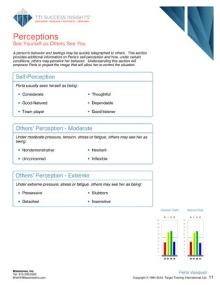 Perceptions
See Yourself as Others See You
A person's behavior and feelings may be quickly telegraphed to others. This section
provides additional information on Perla's self-perception and how, under certain
conditions, others may perceive her behavior. Understanding this section will
empower Perla to project the image that will allow her to control the situation.
Self-Perception
Perla usually sees herself as being:
Considerate Thoughtful
Good-Natured Dependable
Team player Good listener
Others' Perception - Moderate
Under moderate pressure, tension, stress or fatigue, others may see her as
being:
Nondemonstrative Hesitant
Unconcerned Inflexible
Others' Perception - Extreme
Under extreme pressure, stress or fatigue, others may see her as being:
Possessive Stubborn
Detached Insensitive
Adapted Style
100
90
80
70
60
50
40
30
20
10
0
D
36
I
65
S
68
C
38
Natural Style
100
90
80
70
60
50
40
30
20
10
0
D
38
I
64
S
68
C
35
11
Perla Vasquez
Copyright © 1984-2013. Target Training International, Ltd.
Milestones, Inc.
Tel: 310-230-0350
Brett@MilestonesInc.com
 