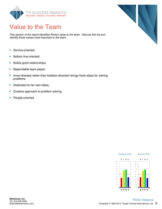 Value to the Team
This section of the report identifies Perla's value to the team. Discuss this list and
identify those values most important to the team.
Service-oriented.
Bottom line-oriented.
Builds good relationships.
Dependable team player.
Inner-directed rather than tradition-directed--brings fresh ideas for solving
problems.
Dedicated to her own ideas.
Creative approach to problem solving.
People-oriented.
Adapted Style
100
90
80
70
60
50
40
30
20
10
0
D
36
I
65
S
68
C
38
Natural Style
100
90
80
70
60
50
40
30
20
10
0
D
38
I
64
S
68
C
35
5
Perla Vasquez
Copyright © 1984-2013. Target Training International, Ltd.
Milestones, Inc.
Tel: 310-230-0350
Brett@MilestonesInc.com
 