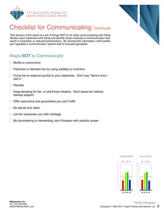 Checklist for Communicating Continued
This section of the report is a list of things NOT to do while communicating with Perla.
Review each statement with Perla and identify those methods of communication that
result in frustration or reduced performance. By sharing this information, both parties
can negotiate a communication system that is mutually agreeable.
Ways NOT to Communicate
Muffle or overcontrol.
Patronize or demean her by using subtlety or incentive.
Force her to respond quickly to your objectives. Don't say "Here's how I
see it."
Ramble.
Keep deciding for her, or she'll lose initiative. Don't leave her without
backup support.
Offer assurance and guarantees you can't fulfill.
Be abrupt and rapid.
Let her overpower you with verbiage.
Be domineering or demanding; don't threaten with position power.
Adapted Style
100
90
80
70
60
50
40
30
20
10
0
D
36
I
65
S
68
C
38
Natural Style
100
90
80
70
60
50
40
30
20
10
0
D
38
I
64
S
68
C
35
8
Perla Vasquez
Copyright © 1984-2013. Target Training International, Ltd.
Milestones, Inc.
Tel: 310-230-0350
Brett@MilestonesInc.com
 