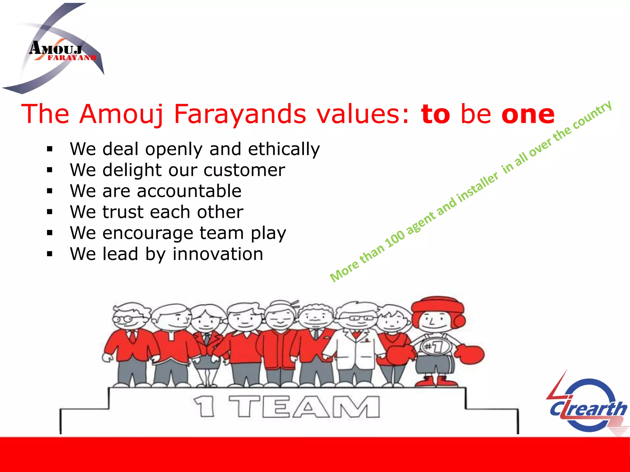 The Amouj Farayands values: to be one
 We deal openly and ethically
 We delight our customer
 We are accountable
 We trust each other
 We encourage team play
 We lead by innovation
 