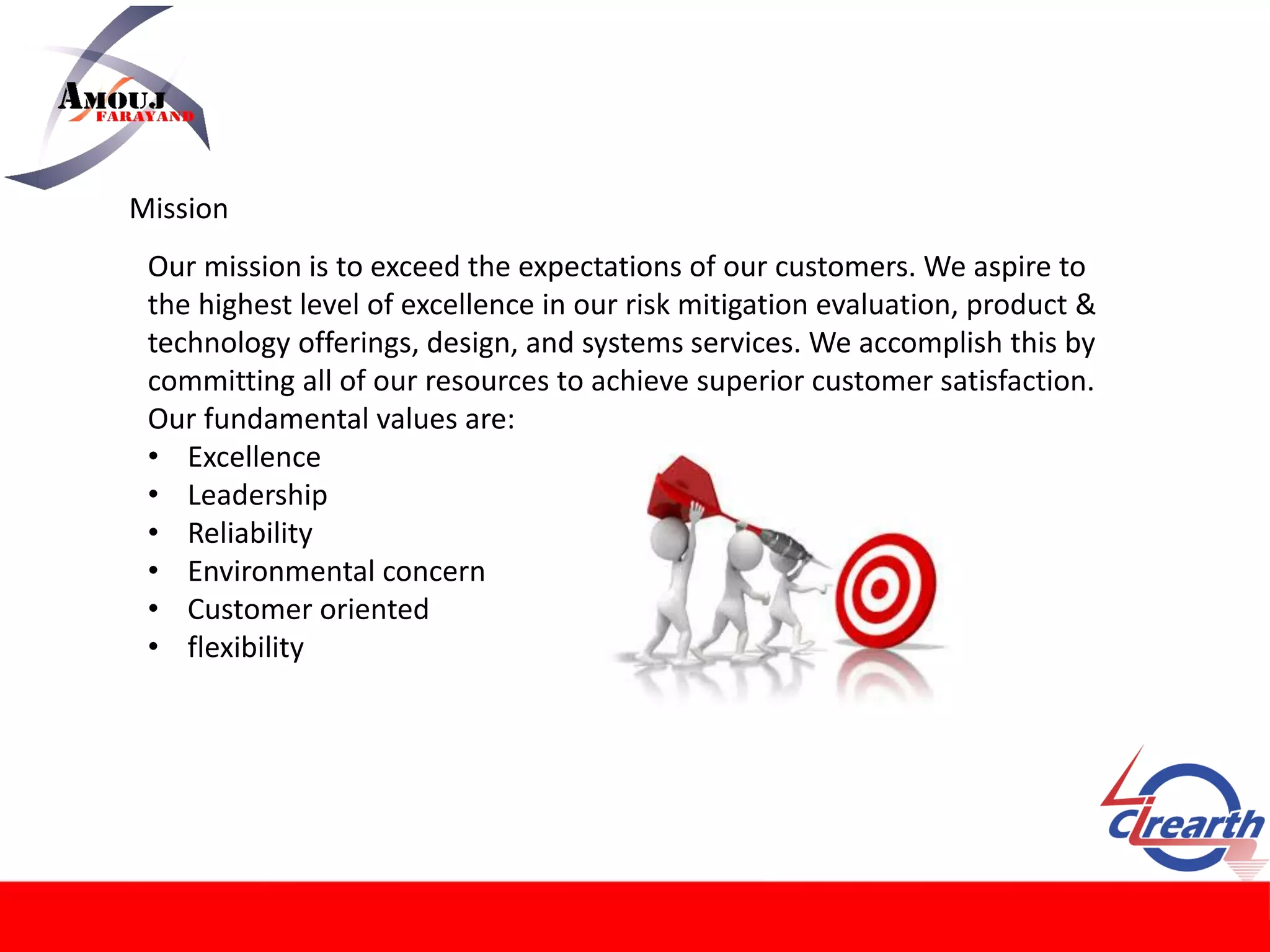 Mission
Our mission is to exceed the expectations of our customers. We aspire to
the highest level of excellence in our risk mitigation evaluation, product &
technology offerings, design, and systems services. We accomplish this by
committing all of our resources to achieve superior customer satisfaction.
Our fundamental values are:
• Excellence
• Leadership
• Reliability
• Environmental concern
• Customer oriented
• flexibility
 