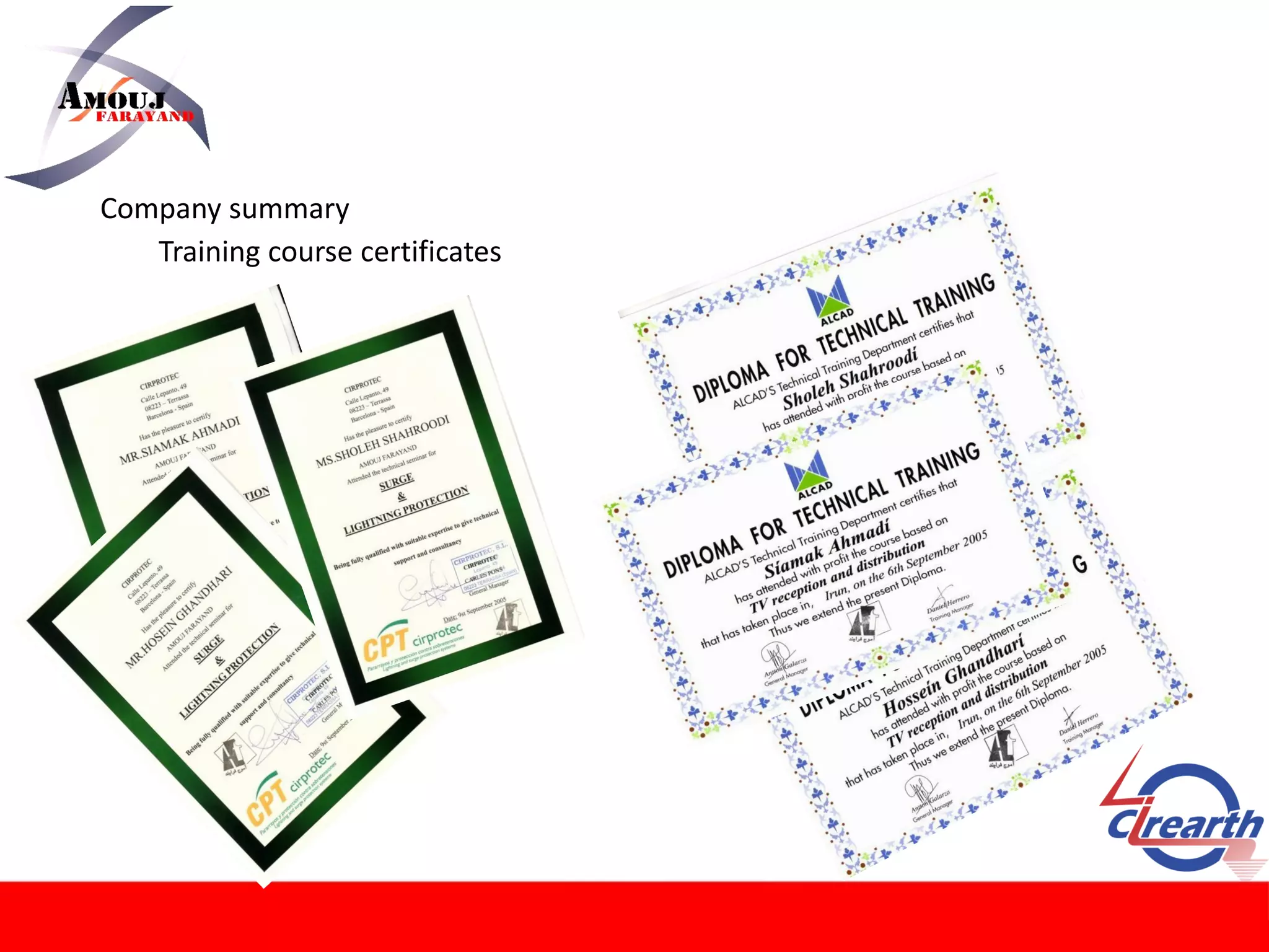 Company summary
Training course certificates
 
