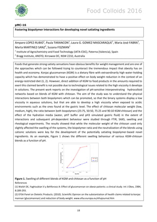 Food Colloids 2016
______________________________________________________________________________________________
18
pMC-16
Fostering biopolymer interactions for developing novel satiating ingredients
Amparo LOPEZ-RUBIO1
, Paula TARANCON1
, Laura G. GOMEZ-MASCARAQUE1
, Maria José FABRA1
,
Marta MARTINEZ-SANZ2
, Susana FISZMAN1
1
Institute of Agrochemistry and Food Technology (IATA-CSIC), Paterna (Valencia), Spain
2
Bragg Institute, ANSTO, Kirrawee DC, NSW 2232, Australia
Foods that generate strong satiety sensations have obvious benefits for weight management and are one of
the approaches which can be followed trying to counteract the tremendous impact that obesity has on
health and economy. Konjac glucomannan (KGM) is a dietary fibre with extraordinarily high water-holding
capacity which has demonstrated to have a positive effect on body weight reduction in the context of an
energy-restricted diet (1, 2). However, direct addition of KGM to food products in the amounts required to
exert this claimed benefit is not possible due to technological issues related to the high viscosity it develops
in solutions. The present work reports on the investigation of pH-sensitive interpenetrating hydrocolloid
networks based on blends of KGM with chitosan. The aim of the study was to understand the physical
interactions between both biopolymers which can be promoted, so that the binary systems display a low
viscosity in aqueous solutions, but that are able to develop a high viscosity when exposed to acidic
environments such as the ones found at the gastric level. The effect of chitosan molecular weight (low,
medium, high), the ratio between both biopolymers (25:75, 50:50, 75:25 and 90:10 KGM:chitosan) and the
effect of the hydration media (water, pH7 buffer and pH3 simulated gastric fluid) in the extent of
interactions and subsequent pH-dependent behaviour were studied through FTIR, SAXS, swelling and
rheological experiments. The results showed that while the molecular weight of the chitosan used only
slightly affected the swelling of the systems, the biopolymer ratio and the neutralization of the blends using
cationic solutions were key for the development of the potentially satiating biopolymer-based novel
ingredients. As an example, Figure 1 shows the different swelling behaviour of various KGM-chitosan
blends as a function of pH.
Figure 1. Swelling of different blends of KGM and chitosan as a function of pH
References
(1) Walsh DE, Yaghoubian V y Behforooz A: Effect of glucomannan on obese patients: a clinical study. Int J Obes, 1984,
8:289-293.
(2) EFSA Panel on Dietetic Products. (2010). Scientific Opinion on the substantiation of health claims related to konjac
mannan (glucomannan) and reduction of body weight. www.efsa.europa.eu/efsajournal.htm
 