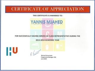 Certification of Appreciation Yannis Mjahed_2013-2014