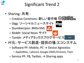 Significant Trend 2
• Sharing: 共有：
– Creative Commons: 新しい著作権
– Digg：ソーシャルニュースサイト
– StumbleUpon：BMS+SNS
– Reddit：Social News サイト
– Tumblr：メディアミックスブログサービス
• PF化：サービス創造・提供の場:エコシステム
– Software PF: Mobile, PC → Device Agnostics
• Apple(Mac, i-phone), Google (GMS,Chrome), Tizen
– Service PF: FB, Twitter, → Sharing apps
34
 