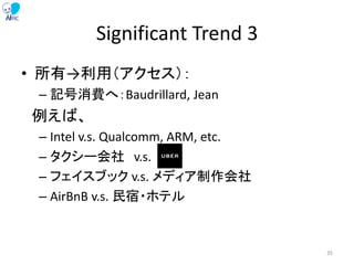 Significant Trend 3
• 所有→利用（アクセス）：
– 記号消費へ：Baudrillard, Jean
例えば、
– Intel v.s. Qualcomm, ARM, etc.
– タクシー会社 v.s.
– フェイスブック v.s. メディア制作会社
– AirBnB v.s. 民宿・ホテル
35
 
