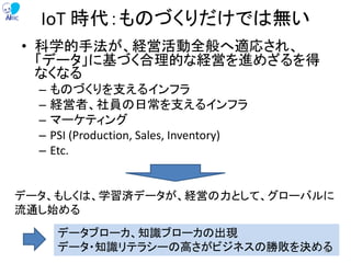 IoT 時代：ものづくりだけでは無い
• 科学的手法が、経営活動全般へ適応され、
「データ」に基づく合理的な経営を進めざるを得
なくなる
– ものづくりを支えるインフラ
– 経営者、社員の日常を支えるインフラ
– マーケティング
– PSI (Production, Sales, Inventory)
– Etc.
データ、もしくは、学習済データが、経営の力として、グローバルに
流通し始める
データブローカ、知識ブローカの出現
データ・知識リテラシーの高さがビジネスの勝敗を決める70
 