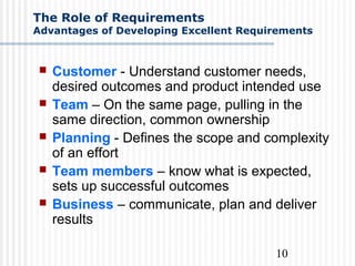10
The Role of Requirements
Advantages of Developing Excellent Requirements
 Customer - Understand customer needs,
desired outcomes and product intended use
 Team – On the same page, pulling in the
same direction, common ownership
 Planning - Defines the scope and complexity
of an effort
 Team members – know what is expected,
sets up successful outcomes
 Business – communicate, plan and deliver
results
 