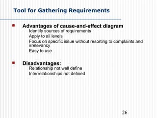 26
Tool for Gathering Requirements
 Advantages of cause-and-effect diagram
Identify sources of requirements
Apply to all levels
Focus on specific issue without resorting to complaints and
irrelevancy
Easy to use
 Disadvantages:
Relationship not well define
Interrelationships not defined
 