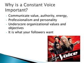 • Communicate value, authority, energy,
• Professionalism and personality
• Underscore organizational values and
objectives
• It is what your followers want
@lafauce @mattjrosenberg
 