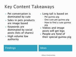 Findings Ideas
 Pet conversation is
dominated by cute
 Sales in pets products
are image based
 Keywords are
dominated by social
posts (lots of shares)
 High volume low
authority
 Long tail is based on
◦ Pet guinea pig
◦ One cute pet guinea pig
◦ How to find a cute guinea
pig
 Videos and image
posts will get legs
 People are fond of
their special guinea pig
@lafauce @mattjrosenberg
 