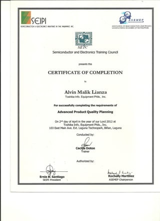 Advance Product Quality Planning Certificate
