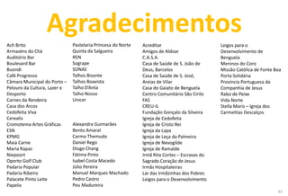 Agradecimentos
Ach Brito
Armazéns do Chá
Auditório Bar
Boulevard Bar
Buondi
Café Progresso
Câmara Municipal do Porto –
Pelouro da Cultura, Lazer e
Desporto
Carnes da Rendeira
Casa dos Arcos
Cedofeita Viva
Cerealis
Cromotema Artes Gráficas
ESN
KPMG
Maia Carne
Maria Rapaz
Niepoort
Oporto Golf Club
Padaria Popular
Padaria Ribeiro
Palacete Pinto Leite
Papelix
Pastelaria Princesa do Norte
Quinta da Salgueira
REN
Sogrape
SONAE
Talhos Bisonte
Talhos Boavista
Talho D’Anta
Talho Nosso
Unicer
Alexandra Guimarães
Bento Amaral
Carmo Themudo
Daniel Rego
Diogo Chang
Fátima Pinto
Isabel Costa Macedo
Júlio Pereira
Manuel Marques Machado
Pedro Castro
Peu Madureira
Acreditar
Amigos de Aldoar
C.A.S.A.
Casa de Saúde de S. João de
Deus, Barcelos
Casa de Saúde de S. José,
Areias de Vilar
Casa do Gaiato de Benguela
Centro Comunitário São Cirilo
FAS
CREU-IL
Fundação Gonçalo da Silveira
Igreja de Cedofeita
Igreja de Cristo Rei
Igreja da Lapa
Igreja de Leça da Palmeira
Igreja de Nevogilde
Igreja de Ramalde
Irmã Rita Cortez – Escravas do
Sagrado Coração de Jesus
Irmãs Hospitaleiras
Lar das Irmãzinhas dos Pobres
Leigos para o Desenvolvimento
Leigos para o
Desenvolvimento de
Benguela
Meninos do Coro
Missão Católica de Fonte Boa
Porta Solidária
Província Portuguesa da
Companhia de Jesus
Rabo de Peixe
Vida Norte
Stella Maris – Igreja dos
Carmelitas Descalços
33
 