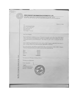 Appointment Letter issued by New Concept Information System Pvt Ltd New Delhi