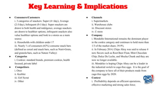 Key Learning & Implications
● Consumers/Customers
i. 3 categories of snackers: Super (4+/day), Average
(2-3/day), Infrequent (0-1/day). Super snackers are
drawn to both health and indulgence, average snackers
are drawn to healthier options, infrequent snackers also
value healthier options and look to c-stores as a main
source.
ii. Households with children under 17
iii. Nearly ⅔ of consumers (63%) consume snack bars
(defined as cereal and snack bars, such as Nutri-Grain,
and granola bars, such as Nature Valley)
● Categories
i. Cookies: standard brands, premium cookies, health
focused, private label
● Competitors
i. Oreo
ii. Keebler
iii. Girl Scout
iv. Other
● Channels
i. Supermarkets
ii. Warehouse clubs
iii. Discount stores
iv. C-store
● Company
i. Mondelēz International remains the dominant player
in the cookie category and continues to hold more than
1/3 of the market share; 39.9%
ii. In February 2014, Chips Ahoy was said to release 4
new flavors such as Root Beer Float, Mint Chocolate
Chip, Dulce De Leche, and Mocha Chunk and they are
now no longer available.
iii. Mondelez is hoping Chips Ahoy can be a leader in
the industrial switch to cage-free eggs. It is the goal of
the company to have all of their products made from
cage-free eggs by 2020.
● Context
i. Profitability depends on efficient operations,
effective marketing and strong sales force.
 