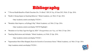 Bibliography
● "7 Proven Health Benefits of Dark Chocolate (No. 5 Is Best)." RSS 20. N.p., 05 June 2013. Web. 25 Apr. 2016.
● "Health A Strong Impact on Snacking Behavior." Mintel Academic, n.d. Web. 25 Apr. 2016.
<http://academic.mintel.com/display/735234/>.
● "Mondelez Sales Improve, as Kellogg's Slip." Mintel Academic, n.d. Web. 25 Apr. 2016.
<http://academic.mintel.com/display/749370/?highlight>.
● "Mondelez to Use Only Cage-free Eggs by 2020." Chicagotribune.com. N.p., n.d. Web. 25 Apr. 2016.
● "Snacking Motivations and Attitudes." Mintel Academic, n.d. Web. 25 Apr. 2016.
<http://academic.mintel.com/display/735236/>.
● "Supermarkets Most Often Shopped, Room for Growth in Convenience Stores." Mintel Academic, n.d. Web. 25 Apr. 2016.
<http://academic.mintel.com/display/735230/>.
 