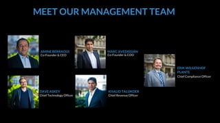 MEET OUR MANAGEMENT TEAM
Co-Founder & CEO
AMINE BERRAOUI
Co-Founder & COO
MARC AVEDISSIAN
Chief Revenue Officer
KHALID TALUKDER
Chief Technology Officer
DAVE ASKEY
Chief Compliance Officer
ERIK WILGENHOF
PLANTE
 