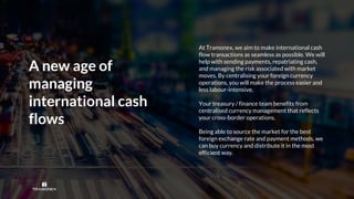 A new age of
managing
international cash
flows
At Tramonex, we aim to make international cash
flow transactions as seamless as possible. We will
help with sending payments, repatriating cash,
and managing the risk associated with market
moves. By centralising your foreign currency
operations, you will make the process easier and
less labour-intensive.
Your treasury / finance team benefits from
centralised currency management that reflects
your cross-border operations.
Being able to source the market for the best
foreign exchange rate and payment methods, we
can buy currency and distribute it in the most
efficient way.
 