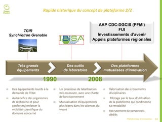 12Plateformes d’innovation
Rapide historique du concept de plateforme 2/2
1990
TGIR
Synchrotron Grenoble
Des outils
de laboratoire
Des plateformes
mutualisées d’innovation
Très grands
équipements
AAP CDC-DGCIS (PFMI)
FUI
Investissements d’avenir
Appels plateformes régionales
2008
 Des équipements lourds à la
demande de l’Etat
 Au bénéfice des organismes
de recherche et pour
conforter/renforcer la
visibilité scientifique du
domaine concerné
 Un processus de labellisation
mis en œuvre, avec une charte
de fonctionnement
 Mutualisation d’équipements
plus légers dans les sciences du
vivant
 Valorisation des croisements
disciplinaires
 Pilotage par le taux d’utilisation
de la plateforme qui conditionne
sa rentabilité
 Recrutement de personnels
dédiés
 