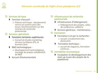 14Plateformes d’innovation
Eléments constitutifs de l’offre d’une plateforme 2/2
 Services de base
 Fonction d’accueil :
 Plateau technique : équipements
connus et ouverts pour des
essais, fonctionnement sur des
contrats de recherche
partenariale
 Services spécialisés
 Fonctions tertiaires supérieures:
 Conseil en études marketing,
services juridiques (PI), et
business plan
 R&D technologique :
 développement technologique ,
montage de projets collaboratifs
de R&D
 Accueil d’événementiels
 Infrastructure de recherche
partenariale
 Infrastructure d’hébergement :
 hébergement des projets, salles
de conférence, cafétéria
 Services généraux : maintenance…
 Formation
 Formation à et par la recherche :
 accueil, encadrement des
doctorants
 Formation technique :
 accueil de stagiaires, formation
continue…
 Immobilier économique
 Incubation et développement des
start-up issues des projets de la
plateforme
 