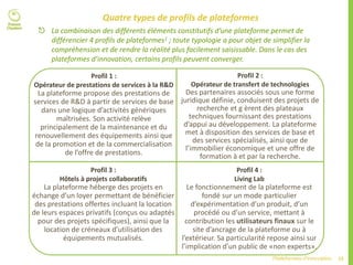15Plateformes d’innovation
Quatre types de profils de plateformes
 La combinaison des différents éléments constitutifs d’une plateforme permet de
différencier 4 profils de plateformes1 ; toute typologie a pour objet de simplifier la
compréhension et de rendre la réalité plus facilement saisissable. Dans le cas des
plateformes d’innovation, certains profils peuvent converger.
Profil 1 :
Opérateur de prestations de services à la R&D
La plateforme propose des prestations de
services de R&D à partir de services de base
dans une logique d’activités génériques
maîtrisées. Son activité relève
principalement de la maintenance et du
renouvellement des équipements ainsi que
de la promotion et de la commercialisation
de l’offre de prestations.
Profil 2 :
Opérateur de transfert de technologies
Des partenaires associés sous une forme
juridique définie, conduisent des projets de
recherche et g èrent des plateaux
techniques fournissant des prestations
d’appui au développement. La plateforme
met à disposition des services de base et
des services spécialisés, ainsi que de
l’immobilier économique et une offre de
formation à et par la recherche.
Profil 3 :
Hôtels à projets collaboratifs
La plateforme héberge des projets en
échange d’un loyer permettant de bénéficier
des prestations offertes incluant la location
de leurs espaces privatifs (conçus ou adaptés
pour des projets spécifiques), ainsi que la
location de créneaux d’utilisation des
équipements mutualisés.
Profil 4 :
Living Lab
Le fonctionnement de la plateforme est
fondé sur un mode particulier
d’expérimentation d’un produit, d’un
procédé ou d’un service, mettant à
contribution les utilisateurs finaux sur le
site d’ancrage de la plateforme ou à
l’extérieur. Sa particularité repose ainsi sur
l’implication d’un public de «non experts».
 