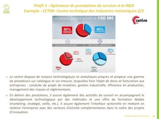 18Plateformes d’innovation
Profil 1 : Opérateur de prestations de services à la R&D
Exemple : CETIM -Centre technique des industries mécaniques 2/2
 Le centre dispose de moyens technologiques et analytiques propres et propose une gamme
de prestations sur catalogue et sur-mesure, lesquelles font l’objet de devis et facturation aux
entreprises : conduite de projet de mutation, gestion industrielle, efficience en production,
management des risques et réglementaire.
 En dehors des prestations, il assure également des activités de conseil en accompagnant le
développement technologique par des méthodes et une offre de formation dédiée
(marketing, stratégie, veille, etc.). Il assure également l’interface sectorielle en mettant en
relation l’entreprise avec des secteurs d’activité complémentaires dans le cadre des projets
d’innovation.
 