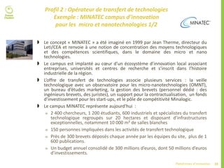 20Plateformes d’innovation
 Le concept « MINATEC » a été imaginé en 1999 par Jean Therme, directeur du
Leti/CEA et renvoie à une notion de concentration des moyens technologiques
et des compétences scientifiques, dans le domaine des micro et nano
technologies.
 Le campus est implanté au cœur d’un écosystème d’innovation local associant
entreprises, universités et centres de recherche et s’inscrit dans l’histoire
industrielle de la région.
 L’offre de transfert de technologies associe plusieurs services : la veille
technologique avec un observatoire pour les micro-nanotechnologies (OMNT),
un bureau d’études marketing, la gestion des brevets (personnel dédié : des
ingénieurs brevets, des juristes), un support pour la contractualisation, un fonds
d’investissement pour les start-ups, et le pôle de compétitivité Minalogic.
 Le campus MINATEC représente aujourd'hui :
 2 400 chercheurs, 1 200 étudiants, 600 industriels et spécialistes du transfert
technologique regroupés sur 20 hectares et disposant d’infrastructures
exceptionnelles, notamment 10 000 m² de salles blanches
 150 personnes impliquées dans les activités de transfert technologique
 Près de 300 brevets déposés chaque année par les équipes du site, plus de 1
600 publications.
 Un budget annuel consolidé de 300 millions d’euros, dont 50 millions d’euros
d’investissements.
Profil 2 : Opérateur de transfert de technologies
Exemple : MINATEC campus d’innovation
pour les micro et nanotechnologies 1/2
 