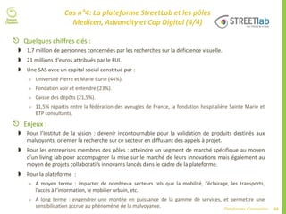 69Plateformes d’innovation
Cas n°4: La plateforme StreetLab et les pôles
Medicen, Advancity et Cap Digital (4/4)
 Quelques chiffres clés :
 1,7 million de personnes concernées par les recherches sur la déficience visuelle.
 21 millions d'euros attribués par le FUI.
 Une SAS avec un capital social constitué par :
 Université Pierre et Marie Curie (44%).
 Fondation voir et entendre (23%).
 Caisse des dépôts (21,5%).
 11,5% répartis entre la fédération des aveugles de France, la fondation hospitalière Sainte Marie et
BTP consultants.
 Enjeux :
 Pour l’Institut de la vision : devenir incontournable pour la validation de produits destinés aux
malvoyants, orienter la recherche sur ce secteur en diffusant des appels à projet.
 Pour les entreprises membres des pôles : atteindre un segment de marché spécifique au moyen
d’un living lab pour accompagner la mise sur le marché de leurs innovations mais également au
moyen de projets collaboratifs innovants lancés dans le cadre de la plateforme.
 Pour la plateforme :
 A moyen terme : impacter de nombreux secteurs tels que la mobilité, l’éclairage, les transports,
l’accès à l’information, le mobilier urbain, etc.
 A long terme : engendrer une montée en puissance de la gamme de services, et permettre une
sensibilisation accrue au phénomène de la malvoyance.
 