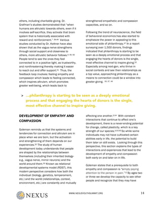 WWW.NEXUSYOUTHSUMMIT.ORG	
   14	
  
others, including charitable giving. Dr.
Grafman’s studies demonstrated that “when
humans are altruistic towards others, even if it
involves self-sacrifice, they activate that brain
system that is historically associated with
reward and reinforcement.” 39,49 Various
studies conducted by Dr. Keltner have also
shown that as the vagus nerve strengthens
through social support and closeness to
others, more altruistic behavior follows.4, 40, 50
People tend to see the ones they feel
connected to in a positive light, as trustworthy,
and nonthreatening thereby making it easier
to reach out and offer support.51 Thus, the
feedback loop involves: feeling empathy and
compassion which leads to feeling connected,
which inspires altruism, which promotes
greater well-being, which leads back to
strengthened empathetic and compassion
capacities, and so on.
Following the trend of neuroscience, the field
of behavioral economics has also started to
emphasize the power in appealing to this
emotional side of philanthropy.47 In a report
surveying over 1,500 donors, findings
indicated that philanthropy is starting to be
seen as a deeply emotional process and that
engaging the hearts of donors is the single,
most effective channel to inspire giving.52
Especially among next-gen, who thrive in
social contexts and see their relationships as
a top value, approaching philanthropy as a
means to connection could be a window into
greater giving. 16, 37, 44
DEVELOPMENT OF EMPATHY AND
COMPASSION
Goleman reminds us that the systems and
tendencies for connection and altruism are in
place when we are born, but the activation
and strengthening of them depends on our
experiences.32 The study of human
development today understands that people
are shaped by the relationships between
themselves (including their inherited biology-
e.g., vagus nerve, mirror neurons) and the
world around them.53 Known as relational
developmental systems model (RDST), this
modern perspective considers how both the
individual (biology, genetics, temperament,
etc.) and the world (relationships, context,
environment, etc.) are constantly and mutually
affecting one another.5,54 With constant
interactions that continue to affect one’s
development, there is a never-ending potential
for change, called plasticity, which is a key
strength of our species.5,53,55 So while some
individuals may not have cultivated certain
abilities early in life, the potential to build
them later on still exists. Looking through this
perspective, this section explains the types of
interactions and experiences that lead to the
development of empathy and compassion
both early on and later on in life.
Goleman states that a prerequisite to both
empathy and compassion is “simply paying
attention to the person in pain.”32 By ages two
or three we develop the capacity to see other
people and recognize that they may have
Ø …philanthropy is starting to be seen as a deeply emotional
process and that engaging the hearts of donors is the single,
most effective channel to inspire giving.	
  
 