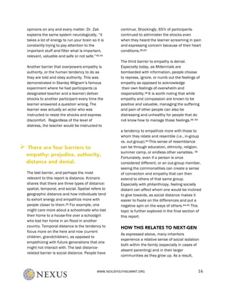 WWW.NEXUSYOUTHSUMMIT.ORG	
   16	
  
opinions on any and every matter. Dr. Zak
explains the same system neurologically, “it
takes a lot of energy to run your brain so it is
constantly trying to pay attention to the
important stuff and filter what is important,
relevant, valuable and safe or not safe.”45,44
Another barrier that overpowers empathy is
authority, or the human tendency to do as
they are told and obey authority. This was
demonstrated in Stanley Milgram’s famous
experiment where he had participants (a
designated teacher and a learner) deliver
shocks to another participant every time the
learner answered a question wrong. The
learner was actually an actor who was
instructed to resist the shocks and express
discomfort. Regardless of the level of
distress, the teacher would be instructed to
continue. Shockingly, 65% of participants
continued to administer the shocks even
when they heard the learner screaming in pain
and expressing concern because of their heart
conditions.36,63
The third barrier to empathy is denial.
Especially today, as Millennials are
bombarded with information, people choose
to repress, ignore, or numb out the feelings of
empathy as opposed to acknowledge
their own feelings of overwhelm and
responsibility.36 It is worth noting that while
empathy and compassion are known to be
positive and valuable, managing the suffering
and pain of other people can also be
distressing and unhealthy for people that do
not know how to manage those feelings.36, 64
The last barrier, and perhaps the most
relevant to this report is distance. Krznaric
shares that there are three types of distance:
spatial, temporal, and social. Spatial refers to
geographic distance and how individuals tend
to exhort energy and empathize more with
people closer to them.36 For example, one
might care more about a schoolmate who lost
their home to a house-fire over a schoolgirl
who lost her home in an flood in another
country. Temporal distance is the tendency to
focus more on the here and now (current
children, grandchildren), as opposed to
empathizing with future generations that one
might not interact with. The last distance-
related barrier is social distance. People have
a tendency to empathize more with those to
whom they relate and resemble (i.e., in-group
vs. out-group).44 This sense of resemblance
can be through education, ethnicity, religion,
summer camp, or endless other variables. 36
Fortunately, even if a person is once
considered different, or an out-group member,
seeing the commonalities can create a sense
of connection and empathy that can then
extend to others of that same group.
Especially with philanthropy, feeling socially
distant can affect whom one would be inclined
to give towards, as social distance makes it
easier to fixate on the differences and put a
negative spin on the ways of others.44,45 This
topic is further explored in the final section of
this report.
HOW THIS RELATES TO NEXT-GEN
As expressed above, many inheritors
experience a relative sense of social isolation
both within the family (especially in cases of
absent parenting) and in their larger
communities as they grow up. As a result,
Ø There are four barriers to
empathy: prejudice, authority,
distance and denial.
	
  
 