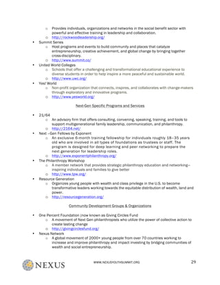 WWW.NEXUSYOUTHSUMMIT.ORG	
   29	
  
o Provides individuals, organizations and networks in the social benefit sector with
powerful and effective training in leadership and collaboration.
o http://rockwoodleadership.org/ 	
  
• Summit Series
o Host programs and events to build community and places that catalyze
entrepreneurship, creative achievement, and global change by bringing together
cross-disciplinary.
o http://www.summit.co/ 	
  
• United World Colleges
o Schools that offer a challenging and transformational educational experience to
diverse students in order to help inspire a more peaceful and sustainable world.
o http://www.uwc.org/	
  
• Yes! World
o Non-profit organization that connects, inspires, and collaborates with change-makers
through exploratory and innovative programs.
o http://www.yesworld.org/ 	
  
Next-Gen Specific Programs and Services
• 21/64
o An advisory firm that offers consulting, convening, speaking, training, and tools to
support multigenerational family leadership, communication, and philanthropy.
o http://2164.net/ 	
  
• Next –Gen Fellows by Exponent
o An exclusive 6-month training fellowship for individuals roughly 18–35 years
old who are involved in all types of foundations as trustees or staff. The
program is designed for deep learning and peer networking to prepare the
next generation for leadership roles.
o http://www.exponentphilanthropy.org/ 	
  
• The Philanthropy Workshop
o A member network that provides strategic philanthropy education and networking—
inspiring individuals and families to give better
o http://www.tpw.org/ 	
  
• Resource Generation
o Organizes young people with wealth and class privilege in the U.S. to become
transformative leaders working towards the equitable distribution of wealth, land and
power.
o http://resourcegeneration.org/ 	
  
Community Development Groups & Organizations
• One Percent Foundation (now known as Giving Circles Fund
o A movement of Next Gen philanthropists who utilize the power of collective action to
create lasting change
o http://givingcirclesfund.org/ 	
  
• Nexus Network
o A global movement of 2000+ young people from over 70 countries working to
increase and improve philanthropy and impact investing by bridging communities of
wealth and social entrepreneurship.
 