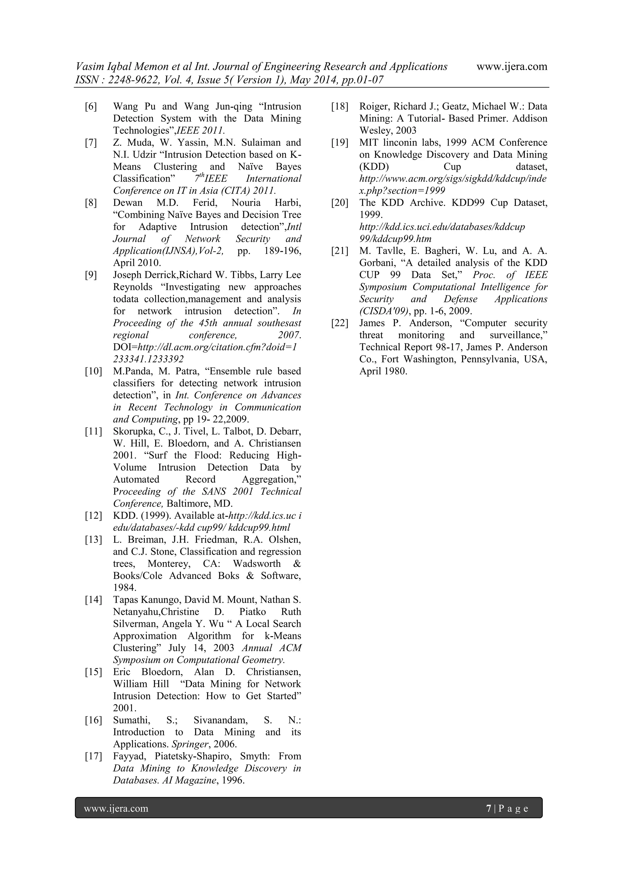 Vasim Iqbal Memon et al Int. Journal of Engineering Research and Applications www.ijera.com
ISSN : 2248-9622, Vol. 4, Issue 5( Version 1), May 2014, pp.01-07
www.ijera.com 7 | P a g e
[6] Wang Pu and Wang Jun-qing “Intrusion
Detection System with the Data Mining
Technologies”,IEEE 2011.
[7] Z. Muda, W. Yassin, M.N. Sulaiman and
N.I. Udzir “Intrusion Detection based on K-
Means Clustering and Naïve Bayes
Classification” 7th
IEEE International
Conference on IT in Asia (CITA) 2011.
[8] Dewan M.D. Ferid, Nouria Harbi,
“Combining Naïve Bayes and Decision Tree
for Adaptive Intrusion detection”,Intl
Journal of Network Security and
Application(IJNSA),Vol-2, pp. 189-196,
April 2010.
[9] Joseph Derrick,Richard W. Tibbs, Larry Lee
Reynolds “Investigating new approaches
todata collection,management and analysis
for network intrusion detection”. In
Proceeding of the 45th annual southesast
regional conference, 2007.
DOI=http://dl.acm.org/citation.cfm?doid=1
233341.1233392
[10] M.Panda, M. Patra, “Ensemble rule based
classifiers for detecting network intrusion
detection”, in Int. Conference on Advances
in Recent Technology in Communication
and Computing, pp 19- 22,2009.
[11] Skorupka, C., J. Tivel, L. Talbot, D. Debarr,
W. Hill, E. Bloedorn, and A. Christiansen
2001. “Surf the Flood: Reducing High-
Volume Intrusion Detection Data by
Automated Record Aggregation,”
Proceeding of the SANS 2001 Technical
Conference, Baltimore, MD.
[12] KDD. (1999). Available at-http://kdd.ics.uc i
edu/databases/-kdd cup99/ kddcup99.html
[13] L. Breiman, J.H. Friedman, R.A. Olshen,
and C.J. Stone, Classification and regression
trees, Monterey, CA: Wadsworth &
Books/Cole Advanced Boks & Software,
1984.
[14] Tapas Kanungo, David M. Mount, Nathan S.
Netanyahu,Christine D. Piatko Ruth
Silverman, Angela Y. Wu “ A Local Search
Approximation Algorithm for k-Means
Clustering” July 14, 2003 Annual ACM
Symposium on Computational Geometry.
[15] Eric Bloedorn, Alan D. Christiansen,
William Hill “Data Mining for Network
Intrusion Detection: How to Get Started”
2001.
[16] Sumathi, S.; Sivanandam, S. N.:
Introduction to Data Mining and its
Applications. Springer, 2006.
[17] Fayyad, Piatetsky-Shapiro, Smyth: From
Data Mining to Knowledge Discovery in
Databases. AI Magazine, 1996.
[18] Roiger, Richard J.; Geatz, Michael W.: Data
Mining: A Tutorial- Based Primer. Addison
Wesley, 2003
[19] MIT linconin labs, 1999 ACM Conference
on Knowledge Discovery and Data Mining
(KDD) Cup dataset,
http://www.acm.org/sigs/sigkdd/kddcup/inde
x.php?section=1999
[20] The KDD Archive. KDD99 Cup Dataset,
1999.
http://kdd.ics.uci.edu/databases/kddcup
99/kddcup99.htm
[21] M. Tavlle, E. Bagheri, W. Lu, and A. A.
Gorbani, “A detailed analysis of the KDD
CUP 99 Data Set,” Proc. of IEEE
Symposium Computational Intelligence for
Security and Defense Applications
(CISDA'09), pp. 1-6, 2009.
[22] James P. Anderson, “Computer security
threat monitoring and surveillance,”
Technical Report 98-17, James P. Anderson
Co., Fort Washington, Pennsylvania, USA,
April 1980.
 