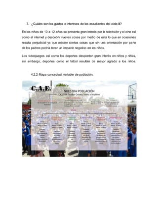 7. ¿Cuáles son los gustos e intereses de los estudiantes del ciclo III? 
En los niños de 10 a 12 años se presenta gran interés por la televisión y el cine así 
como el internet y descubrir nuevas cosas por medio de esta lo que en ocasiones 
resulta perjudicial ya que existen ciertas cosas que sin una orientación por parte 
de los padres podría tener un impacto negativo en los niños. 
Los videojuegos así como los deportes despiertan gran interés en niños y niñas, 
sin embargo, deportes como el futbol resultan de mayor agrado a los niños. 
4.2.2 Mapa conceptual variable de población. 
 