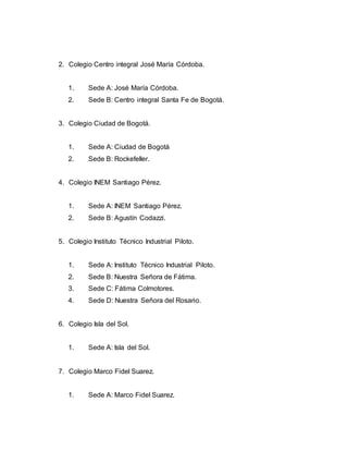 2. Colegio Centro integral José María Córdoba. 
1. Sede A: José María Córdoba. 
2. Sede B: Centro integral Santa Fe de Bogotá. 
3. Colegio Ciudad de Bogotá. 
1. Sede A: Ciudad de Bogotá 
2. Sede B: Rockefeller. 
4. Colegio INEM Santiago Pérez. 
1. Sede A: INEM Santiago Pérez. 
2. Sede B: Agustín Codazzi. 
5. Colegio Instituto Técnico Industrial Piloto. 
1. Sede A: Instituto Técnico Industrial Piloto. 
2. Sede B: Nuestra Señora de Fátima. 
3. Sede C: Fátima Colmotores. 
4. Sede D: Nuestra Señora del Rosario. 
6. Colegio Isla del Sol. 
1. Sede A: Isla del Sol. 
7. Colegio Marco Fidel Suarez. 
1. Sede A: Marco Fidel Suarez. 
 