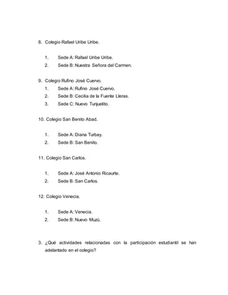 8. Colegio Rafael Uribe Uribe. 
1. Sede A: Rafael Uribe Uribe. 
2. Sede B: Nuestra Señora del Carmen. 
9. Colegio Rufino José Cuervo. 
1. Sede A: Rufino José Cuervo. 
2. Sede B: Cecilia de la Fuente Lleras. 
3. Sede C: Nuevo Tunjuelito. 
10. Colegio San Benito Abad. 
1. Sede A: Diana Turbay. 
2. Sede B: San Benito. 
11. Colegio San Carlos. 
1. Sede A: José Antonio Ricaurte. 
2. Sede B: San Carlos. 
12. Colegio Venecia. 
1. Sede A: Venecia. 
2. Sede B: Nuevo Muzú. 
3. ¿Qué actividades relacionadas con la participación estudiantil se han 
adelantado en el colegio? 
 
