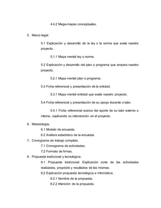 4.4.2 Mega-mapas conceptuales. 
5. Marco legal. 
5.1 Explicación y desarrollo de la ley o la norma que avala nuestro 
proyecto. 
5.1.1 Mapa mental ley o norma. 
5.2 Explicación y desarrollo del plan o programa que ampara nuestro 
proyecto. 
5.2.1 Mapa mental plan o programa. 
5.3 Ficha referencial y presentación de la entidad. 
5.3.1 Mapa mental entidad que avala nuestro proyecto. 
5.4 Ficha referencial y presentación de su apoyo docente o tutor. 
5.4.1 Ficha referencial acerca del aporte de su tutor externo o 
interno, explicando su intervención en el proyecto. 
6. Metodología. 
6.1 Modelo de encuesta. 
6.2 Análisis estadístico de la encuesta. 
7. Cronograma de trabajo completo. 
7.1 Cronograma de actividades. 
7.2 Formato de firmas. 
8. Propuesta tradicional y tecnológica. 
8.1 Propuesta tradicional: Explicación corta de las actividades 
realizadas, propósito y resultados de las mismas. 
8.2 Explicación propuesta tecnológica e informática. 
8.2.1 Nombre de la propuesta. 
8.2.2 Intención de la propuesta. 
 