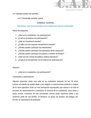 4.4 Variable central sub-variable. 
4.4.1 Desarrollo variable central 
VARIABLE CENTRAL 
Importancia que tiene participar en los organismos que los representan 
Índice de preguntas 
1. ¿Qué es la ciudadanía y la participación? 
2. ¿Cuál es el sistema de participación? 
3. ¿Qué es el gobierno escolar? 
4. ¿Cuáles son los órganos del gobierno escolar? 
5. ¿Dónde pueden participar los estudiantes? 
6. ¿Dónde pueden participar los egresados de la institución? 
7. ¿Dónde pueden participar los padres y madres de familia? 
8. ¿Qué son las mesas de política pública educativa? 
9. ¿Cuál es la normatividad en el sistema de participación? 
Solución 
1. ¿Qué es la ciudadanía y la participación? 
Ciudadanía y participación. 
Algunas personas creen que solo se es ciudadano después de los 18 años, 
porque es cuando se puede elegir y ser elegido a corporaciones públicas o cargos 
de la rama ejecutiva. Esta, es una percepción equivocada que reduce a un acto el 
proceso de representación y contradice la esencia de la ciudadanía, pues todas y 
todos somos miembros de una comunidad, somos parte, hacemos parte y nos 
sentimos parte de una familia, un territorio, un grupo de amigos, del colegio, etc. 
De ahí, la importancia de participar. 
 