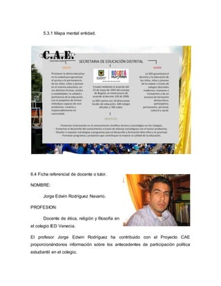 5.3.1 Mapa mental entidad. 
6.4 Ficha referencial de docente o tutor. 
NOMBRE: 
Jorge Edwin Rodríguez Navarro. 
PROFESION: 
Docente de ética, religión y filosofía en 
el colegio IED Venecia. 
El profesor Jorge Edwin Rodríguez ha contribuido con el Proyecto CAE 
proporcionándonos información sobre los antecedentes de participación política 
estudiantil en el colegio. 
 
