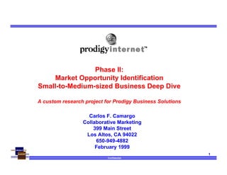 Confidential
1
Carlos F. Camargo
Collaborative Marketing
399 Main Street
Los Altos, CA 94022
650-949-4882
February 1999
Phase II:
Market Opportunity Identification
Small-to-Medium-sized Business Deep Dive
A custom research project for Prodigy Business Solutions
 
