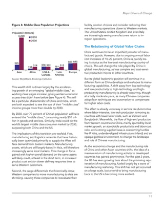 11
Major Drivers of Change
Figure 4: Middle Class Population Projections
Asia Africa USA &
Canada
Latin
America
Europe
525
138
338
181
663
3,228
314 313
680
Population (Billions)
2010
2030
322
Source: World Bank; Brookings Institution
This wealth shift is driven largely by the accelerat-
ing growth of an emerging “global middle class,” as
working class wages increase, giving workers economic
access they didn’t have before (see Figure 4). This will
be a particular characteristic of China and India, which
are both expected to see the size of their “middle class”
income groups more than double by 2030.
By 2030, over 70 percent of China’s population will have
entered the “middle class,” consuming nearly $10 tril-
lion in goods and services. Similarly, India could be the
world’s largest middle class consumer market by 2030,
surpassing both China and the US.
The implications of this transition are twofold. First,
manufacturing and logistics networks that have histori-
cally been optimized primarily to supply the West will
face demand from Eastern markets. Manufacturing
assets, which are still largely based in Asia, will therefore
increasingly serve local markets. This change in focus
paired with higher overall demand on the same assets
will likely result, at least in the short term, in increased
product cost and/or slower delivery response time to
serve Western customers.
Second, the wage differentials that historically drove
Western companies to move manufacturing to Asia are
shrinking, causing these companies to reevaluate their
facility location choices and consider reshoring their
manufacturing operations closer to Western markets.
The United States, United Kingdom and even Italy
are increasingly seeing manufacturers return to in-
region operations.
The Rebalancing of Global Value Chains
China continues to be an important provider of manu-
factured goods. However, due to ongoing annual labor
cost increases of 10–20 percent, China is quickly los-
ing its status as the low-cost manufacturing country of
choice. This will change the role played by China in
global manufacturing, as less complex and cost-sensi-
tive production moves to other countries.
But its global leadership position will continue in a
­different form as China develops and reshapes its manu-
facturing capabilities. A shift away from low-technology
and low-productivity to high-technology and high-
productivity manufacturing is already occurring, though
at a fairly moderate pace, as many Chinese companies
adopt lean techniques and automation to compensate
for higher labor costs.
This effect is already underway in sectors like Automotive
where labor-intensive, low-tech production is moving to
countries with lower labor costs, such as Vietnam and
Bangladesh. Meanwhile, the flow of high-end production
from Western countries to China–mainly spurred by local
market growth, an acceptable productivity and labor-cost
ratio, and a strong supplier base–is overcoming hurdles
like IP risks, underdeveloped infrastructure (inland) and an
opaque political environment, to change the landscape
and role of Chinese manufacturing.
As the economics change and the manufacturing role
of China and other Asian countries shifts, the idea of a
massive return of manufacturing activity to developed
countries has gained prominence. For the past 3 years,
the US has seen growing buzz about the promising reju-
venation of manufacturing, fueled largely by a wave of
manufacturing reshoring. This shift has not yet occurred
on a large scale, but a trend to bring manufacturing
back to the US is becoming more evident.
 