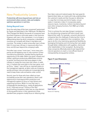 18
Reinventing Manufacturing
New Productivity Levers
Productivity will move beyond Lean and into an
environment where sensors, data and analytics
optimize operations in real time.
Going Beyond Lean
Since the early days of the Lean movement8
epitomized
by Toyota and described in the 1990 book The Machine
That Changed the World, thousands of companies have
launched initiatives to eliminate waste in their factories.
However, with Lean in the mainstream, it is no longer a
differentiating lever by which companies in developed
countries can compete with those in low-labor-cost
countries. The answer to what comes after Lean is three-
fold: (1) more Lean; (2) Lean in inputs and other func-
tions; and (3) Lean beyond the company’s walls.
First after Lean comes “more Lean,” since many com-
panies are still applying Lean to only a portion of their
manufacturing operations, thereby leaving significant
opportunity on the table. Within any given industry and
market, significant productivity differentials continue
to persist, and they prove that some players in that
industry or market are more Lean than others. In addi-
tion, in markets that came later to the Lean game, such
as China, “classic” Lean still has an important place on
the management agenda, as labor costs are increasing
quickly and basic Lean principles are increasingly being
used to keep these costs somewhat under control.
Second, even for those who have rolled out Lean
successfully across their own operations, there is still
opportunity to look beyond their production and
management systems to focus on input factors and
supporting functions. While it is true that Lean is
increasingly the standard (e.g., nearly all applications
for A.T. Kearney’s annual “Factory of the Year”
benchmarking competition state Lean as a key element
of driving performance in their operations), those
standard Lean programs mostly focus on reducing shop
floor labor costs and material waste. But Lean goes far
beyond direct labor, as it starts with truly understanding
the customer’s needs and then focuses on delivering
in a way that minimizes any kind of waste, not just
waste in materials or labor. It incorporates assets,
resource inputs, inventories, indirect manufacturing and
even other company functions, from R&D up to Sales
(see Figure 9).
Third, to achieve the next step change in productiv-
ity, manufacturing companies will have to push Lean
beyond their walls. For example, consumer electronics
companies face the challenge of reducing their time to
market in order to outperform their competition. One
way to do this is by maximizing operational flexibility by
leveraging third parties and minimizing their own assets
through better collaboration with suppliers, clients and
other stakeholders in their ecosystem. By doing that,
these companies effectively extend Lean beyond their
internal operations to reach a more efficient level of
interoperability among partner entities.
Figure 9: Lean Dimensions
Operations excellence strategy
Functions
Input factors
Going
beyond lean
Fully capturing
the impact of lean
Flexibility and
modularization
Interoperability
Lean
Labor
Assets
Resources
Direct manufacturing
Indirect manufacturing
Source: A.T. Kearney
 