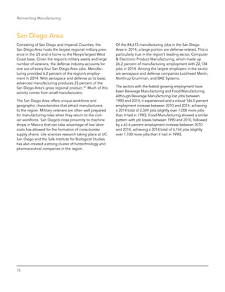 78
Reinventing Manufacturing
San Diego Area
Consisting of San Diego and Imperial Counties, the
San Diego Area hosts the largest regional military pres-
ence in the US and is home to the Navy’s largest West
Coast base. Given the region’s military assets and large
number of veterans, the defense industry accounts for
one out of every four San Diego Area jobs. Manufac-
turing provided 6.2 percent of the region’s employ-
ment in 2014. With aerospace and defense as its base,
advanced manufacturing produces 23 percent of the
San Diego Area’s gross regional product.50
Much of this
activity comes from small manufacturers.
The San Diego Area offers unique workforce and
geographic characteristics that attract manufacturers
to the region. Military veterans are often well prepared
for manufacturing roles when they return to the civil-
ian workforce. San Diego’s close proximity to machine
shops in Mexico that can take advantage of low labor
costs has allowed for the formation of cross-border
supply chains. Life sciences research taking place at UC
San Diego and the Salk Institute for Biological Studies
has also created a strong cluster of biotechnology and
pharmaceutical companies in the region.
Of the 84,615 manufacturing jobs in the San Diego
Area in 2014, a large portion are defense-related. This is
particularly true in the region’s leading sector, Computer
& Electronic Product Manufacturing, which made up
26.2 percent of manufacturing employment with 22,134
jobs in 2014. Among the largest employers in the sector
are aerospace and defense companies Lockheed Martin,
Northrup Grumman, and BAE Systems.
The sectors with the fastest growing employment have
been Beverage Manufacturing and Food Manufacturing.
Although Beverage Manufacturing lost jobs between
1990 and 2010, it experienced and a robust 146.0 percent
employment increase between 2010 and 2014, achieving
a 2014 total of 2,349 jobs (slightly over 1,000 more jobs
than it had in 1990). Food Manufacturing showed a similar
pattern with job losses between 1990 and 2010, followed
by a 63.6 percent employment increase between 2010
and 2014, achieving a 2014 total of 4,744 jobs (slightly
over 1,100 more jobs than it had in 1990).
 