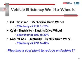 86
Vehicle Efficiency Well-to-Wheels
 Oil – Gasoline – Mechanical Drive Wheel
 Efficiency of 11% to 13%
 Coal – Electri...