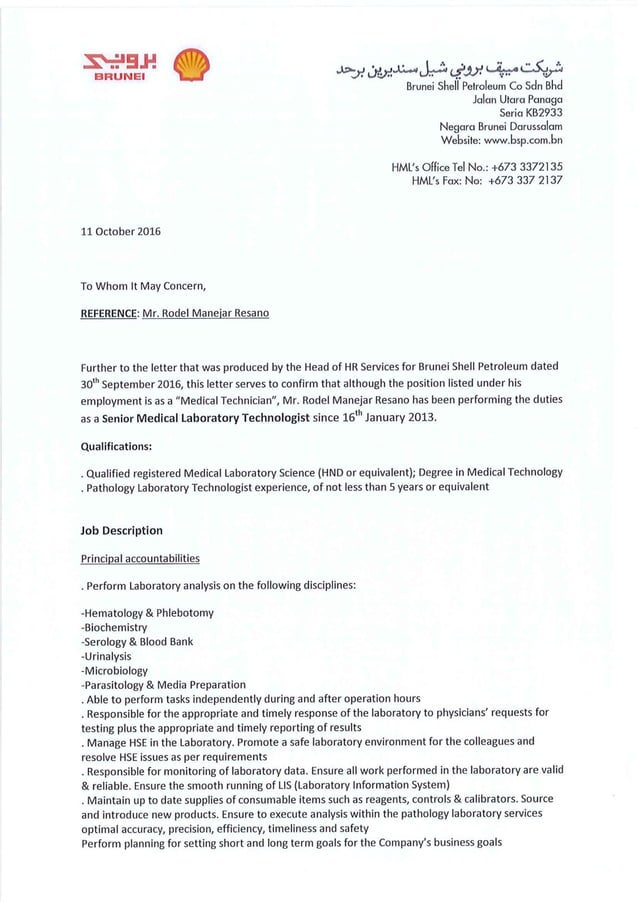 Job Description Sr. MLT SHELLRodel Resano PDF