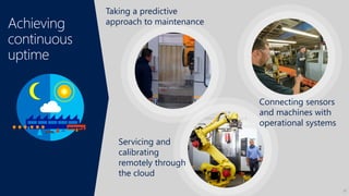 Achieving
continuous
uptime
Servicing and
calibrating
remotely through
the cloud
Taking a predictive
approach to maintenance
Connecting sensors
and machines with
operational systems
12
 