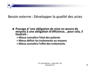 Besoin externe : Développer la qualité des actes


     Passage d ’une obligation de mise en œuvre de
      moyens à une obligation d’efficience… pour cela, il
      faudrait :
      > Mieux connaître l’état des patients
      > Mieux définir les traitements ou moyens
      > Mieux connaître l’effet des traitements




                       Ph. SAUVAGEON - J.VAILLANT, JFK
                                Marseille 2011              5
                                                            5
 