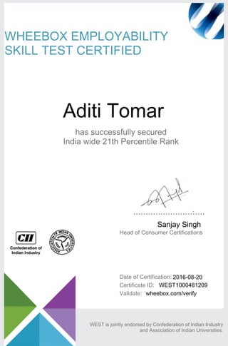 Sanjay Singh
Date of Certification:
Aditi Tomar
Validate:
Head of Consumer Certifications
Certificate ID:
WHEEBOX EMPLOYABILITY
SKILL TEST CERTIFIED
WEST1000481209
wheebox.com/verify
has successfully secured
India wide 21th Percentile Rank
WEST is jointly endorsed by Confederation of Indian Industry
and Association of Indian Universities.
2016-08-20
 