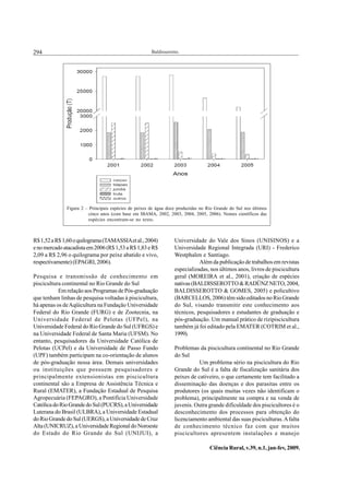 294 Baldisserotto.
Ciência Rural, v.39, n.1, jan-fev, 2009.
R$1,52aR$1,60oquilograma(TAMASSIAetal.,2004)
enomercadoatacadistaem2006(R$1,53aR$1,83eR$
2,09 a R$ 2,96 o quilograma por peixe abatido e vivo,
respectivamente) (EPAGRI, 2006).
Pesquisa e transmissão de conhecimento em
piscicultura continental no Rio Grande do Sul
Em relação aos Programas de Pós-graduação
que tenham linhas de pesquisa voltadas à piscicultura,
há apenas os deAqüicultura na Fundação Universidade
Federal do Rio Grande (FURG) e de Zootecnia, na
Universidade Federal de Pelotas (UFPel), na
Universidade Federal do Rio Grande do Sul (UFRGS) e
na Universidade Federal de Santa Maria (UFSM). No
entanto, pesquisadores da Universidade Católica de
Pelotas (UCPel) e da Universidade de Passo Fundo
(UPF) também participam na co-orientação de alunos
de pós-graduação nessa área. Demais universidades
ou instituições que possuem pesquisadores e
principalmente extensionistas em piscicultura
continental são a Empresa de Assistência Técnica e
Rural (EMATER), a Fundação Estadual de Pesquisa
Agropecuária (FEPAGRO), a Pontifícia Universidade
CatólicadoRioGrandedoSul(PUCRS),aUniversidade
Luterana do Brasil (ULBRA), a Universidade Estadual
doRioGrandedoSul(UERGS),aUniversidadedeCruz
Alta(UNICRUZ),aUniversidadeRegionaldoNoroeste
do Estado do Rio Grande do Sul (UNIJUI), a
Universidade do Vale dos Sinos (UNISINOS) e a
Universidade Regional Integrada (URI) - Frederico
Westphalen e Santiago.
Além da publicação de trabalhos em revistas
especializadas, nos últimos anos, livros de piscicultura
geral (MOREIRA et al., 2001), criação de espécies
nativas(BALDISSEROTTO&RADÜNZNETO,2004,
BALDISSEROTTO & GOMES, 2005) e policultivo
(BARCELLOS, 2006) têm sido editados no Rio Grande
do Sul, visando transmitir este conhecimento aos
técnicos, pesquisadores e estudantes de graduação e
pós-graduação. Um manual prático de rizipiscicultura
também já foi editado pela EMATER (COTRIM et al.,
1999).
Problemas da piscicultura continental no Rio Grande
do Sul
Um problema sério na piscicultura do Rio
Grande do Sul é a falta de fiscalização sanitária dos
peixes de cativeiro, o que certamente tem facilitado a
disseminação das doenças e dos parasitas entre os
produtores (os quais muitas vezes não identificam o
problema), principalmente na compra e na venda de
juvenis. Outra grande dificuldade dos piscicultores é o
desconhecimento dos processos para obtenção do
licenciamento ambiental das suas pisciculturas.Afalta
de conhecimento técnico faz com que muitos
piscicultores apresentem instalações e manejo
Figura 2 – Principais espécies de peixes de água doce produzidas no Rio Grande do Sul nos últimos
cinco anos (com base em IBAMA, 2002, 2003, 2004, 2005, 2006). Nomes científicos das
espécies encontram-se no texto.
 